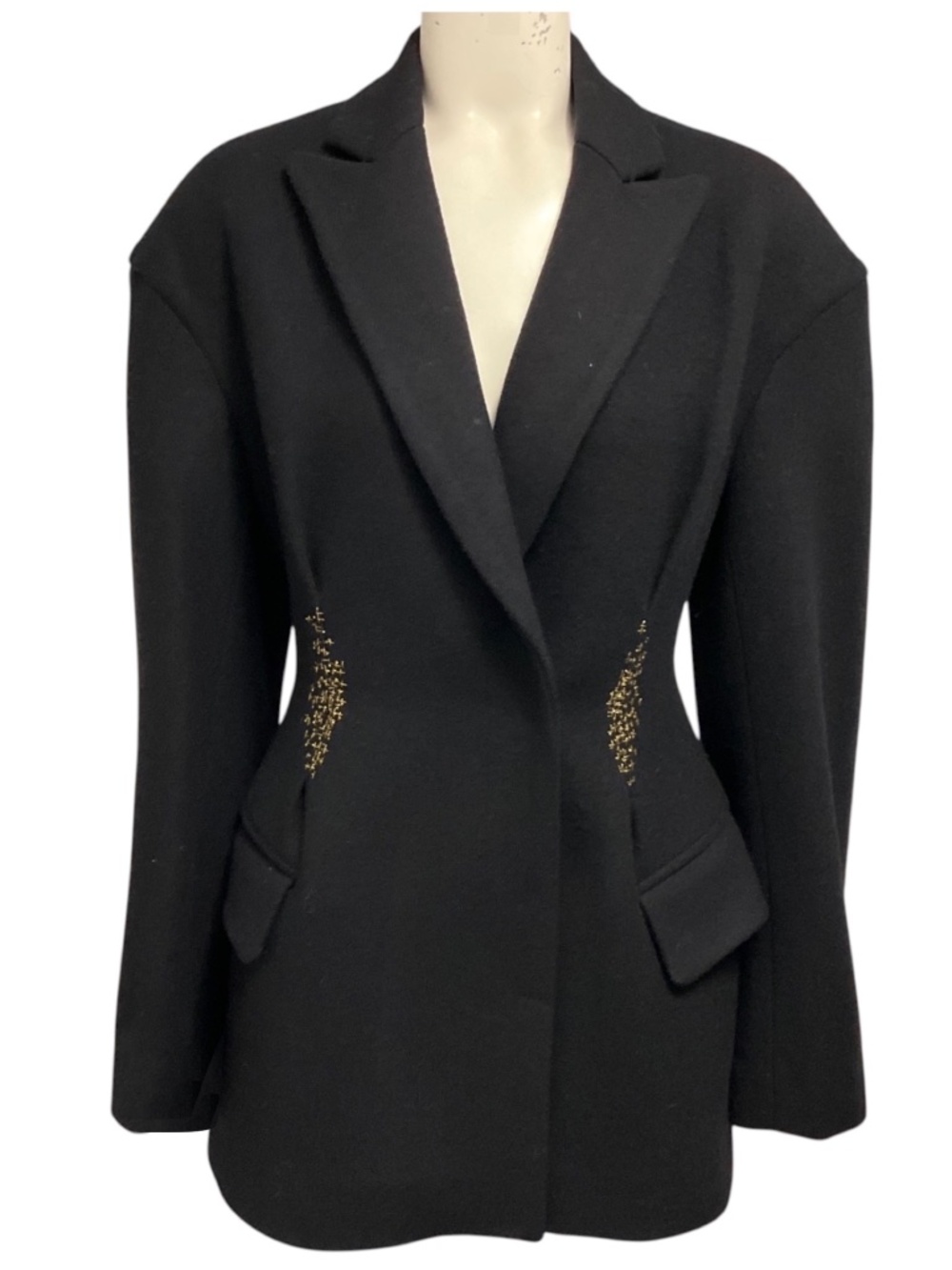 DRIES VAN NOTEN BLACK / GOLD METAL THREAD EMBROIDERED WOOL JACKET / COAT